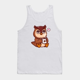 Cute Owl Drinking Coffee Cartoon Tank Top